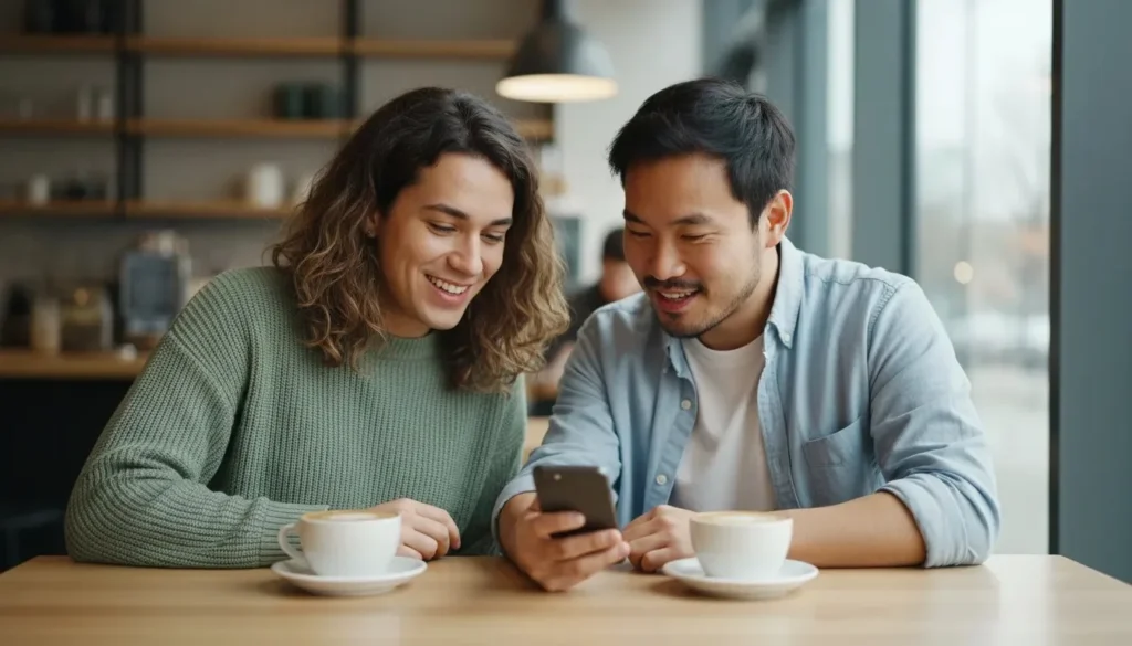 LGBTQ+ dating platform — two queer people smiling while looking at a smartphone together in an urban café