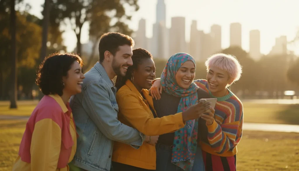 Safe LGBTQ+ dating — diverse group of queer friends hugging and smiling outdoors at sunset