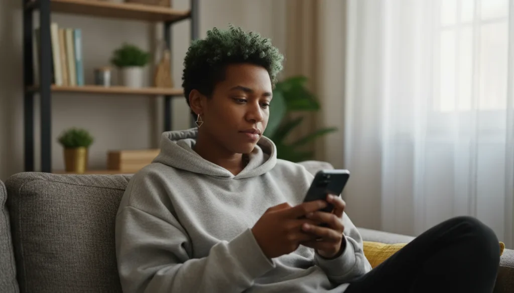 Safe LGBTQ+ dating platform — non-binary person with short hair checking privacy settings on smartphone