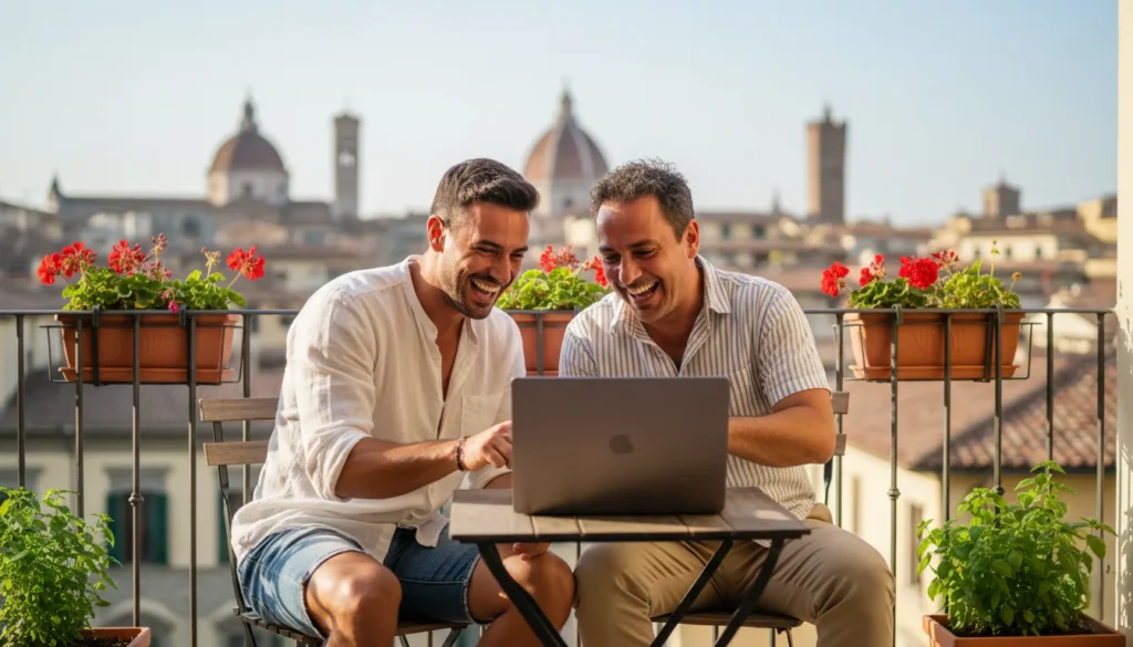 Gay dating app with authentic profile — Gay Latino couple laughing while watching a screen on an outdoor balcony