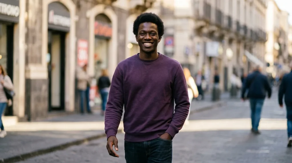bisexual identity — person holding a bi flag in a relaxed urban context