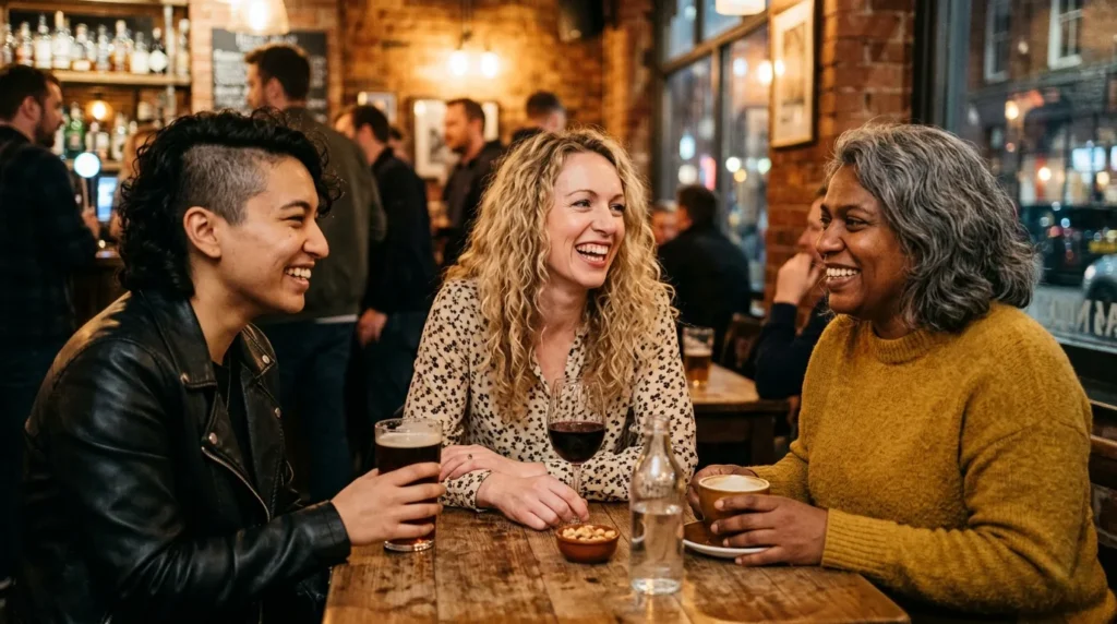 pansexual identity — diverse queer friends laughing together in a social space