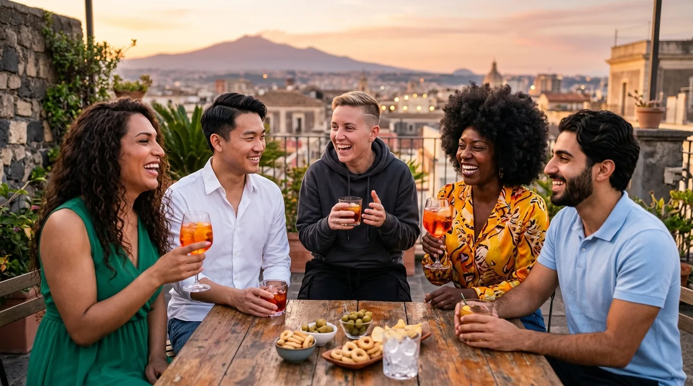 inclusive LGBTQ+ community — group of queer friends celebrating outdoors at sunset