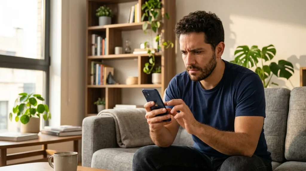 catfishing online dating — worried man looking at smartphone on the couch