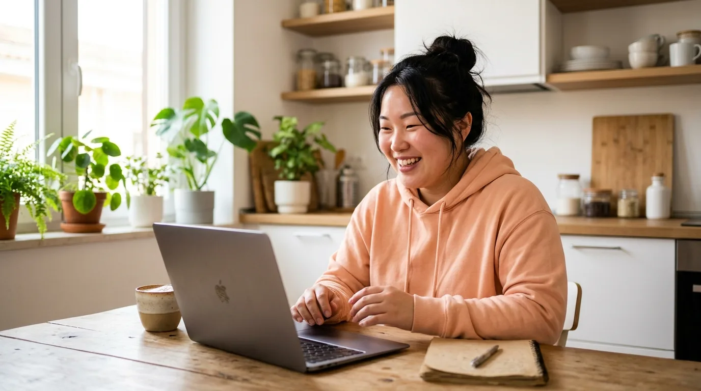 authentic online dating connection — smiling woman in front of laptop in cozy kitchen