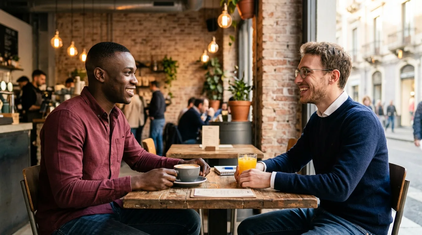 first date LGBTQ+ dating — two men meeting at a café for the first time