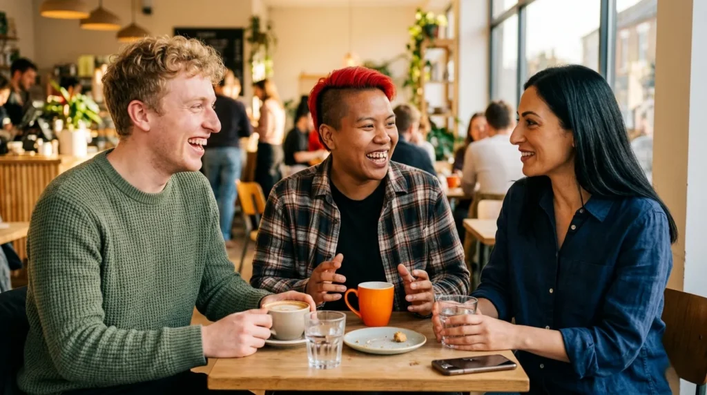 LGBTQ+ community supporting each other in a joyful social moment