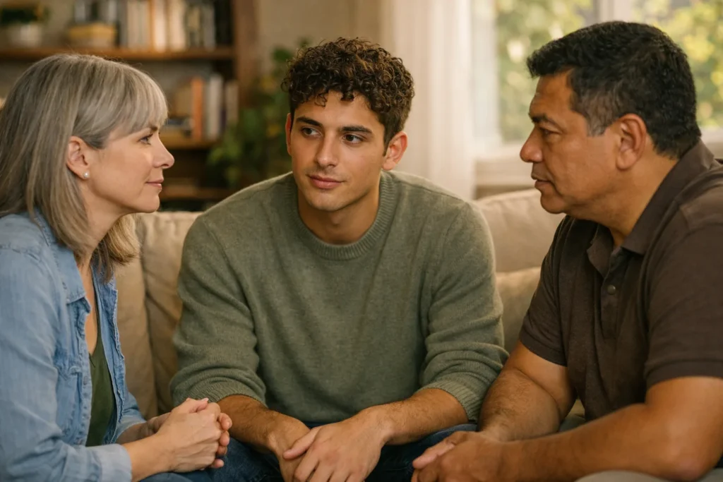 coming out parents – young person talking openly with parents in a living room