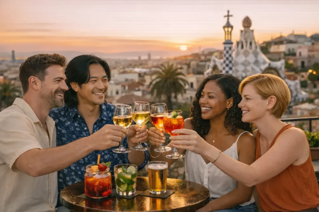 gay friendly destinations europe – LGBTQ+ couples and friends celebrating at sunset in Barcelona