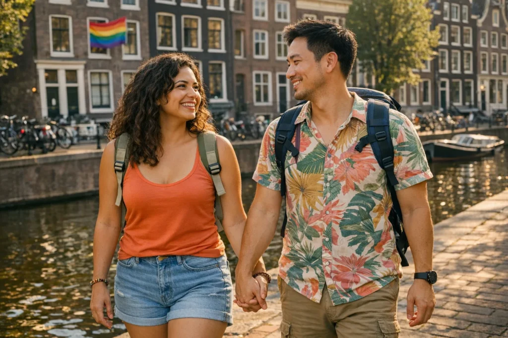 gay friendly destinations europe – couple walking along Amsterdam canals with rainbow flag