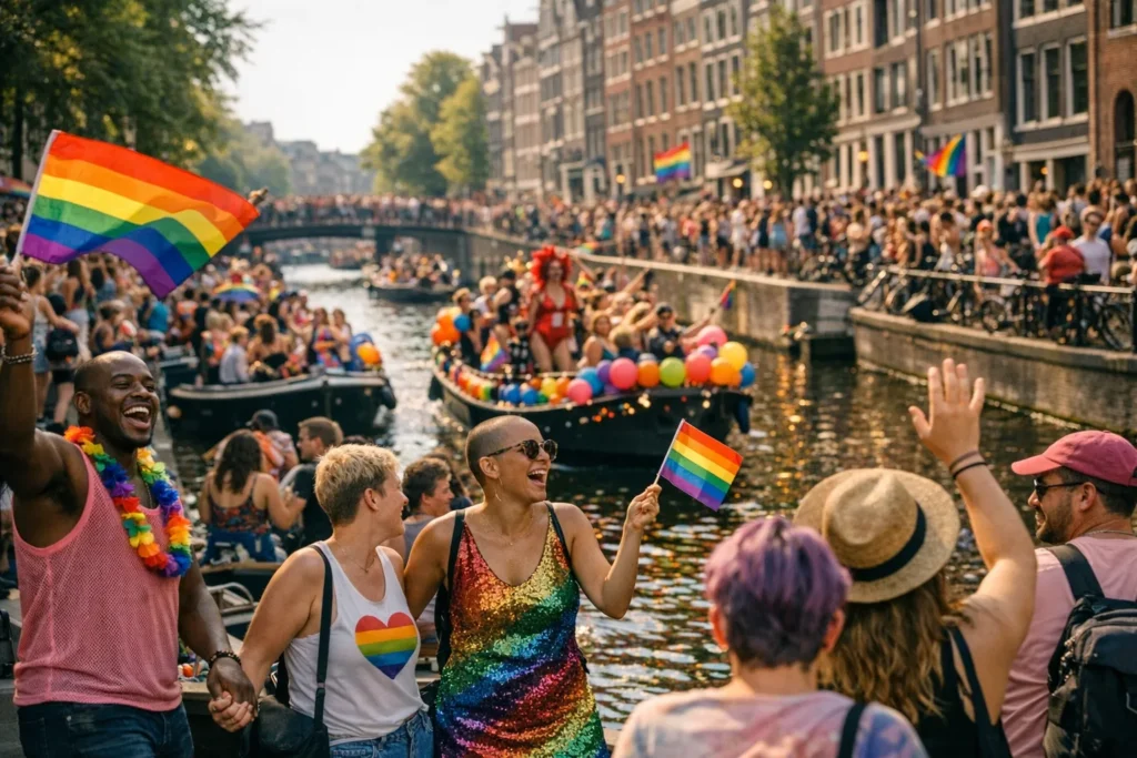 gay friendly destinations europe – Amsterdam Canal Parade with decorated boats and festive crowd