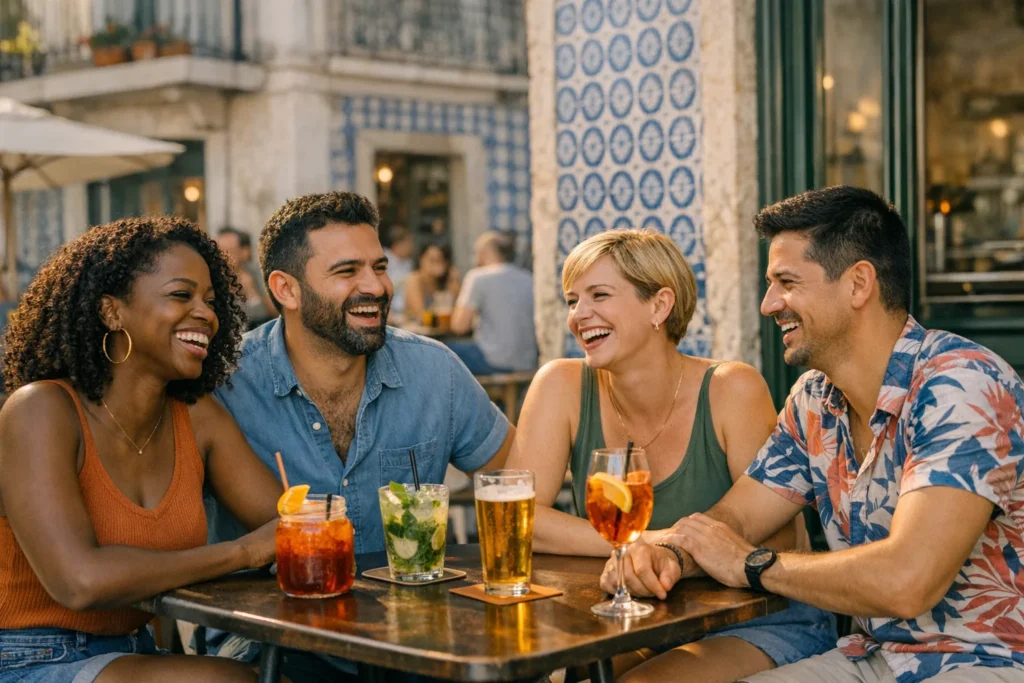 gay friendly destinations europe – group of LGBTQ+ friends at a Lisbon bar in Príncipe Real
