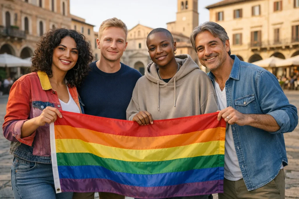 diritti lgbtq Italia 2026 – gruppo di persone diverse con bandiera arcobaleno in piazza italiana