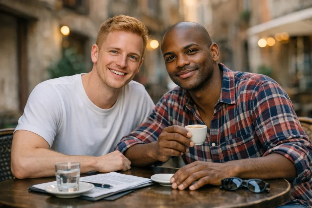 matrimonio egualitario italia – coppia maschile gay in momento intimo in città italiana