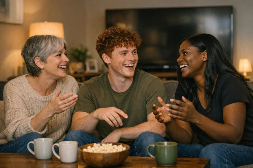 gay movies 2026 – mixed queer group discussing films on a couch