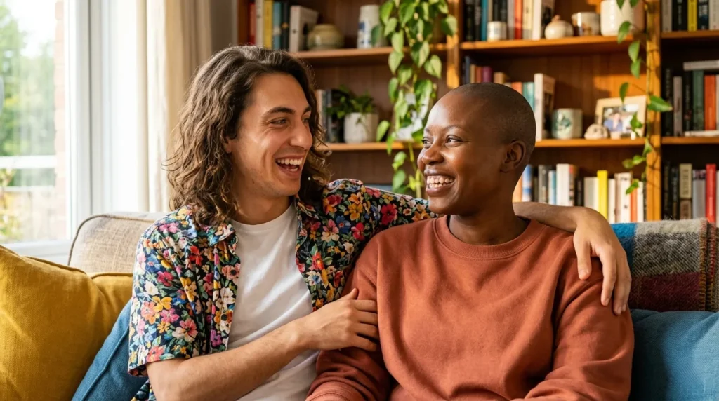 healthy LGBTQ+ community relationships – two people holding hands with joyful expressions