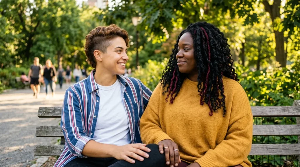 green flags relationships – queer couple smiling warmly at each other in a sunny park