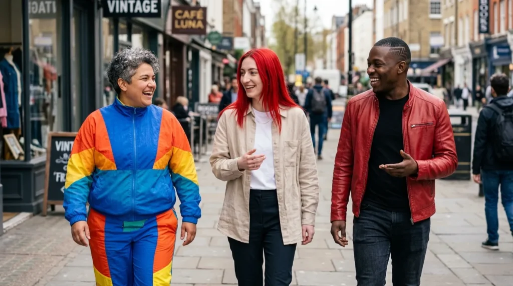 green flags queer relationships – group of three friends laughing together in an urban setting