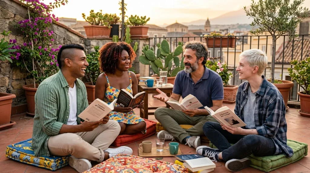 smiling queer people holding books, lgbtq+ community reading together