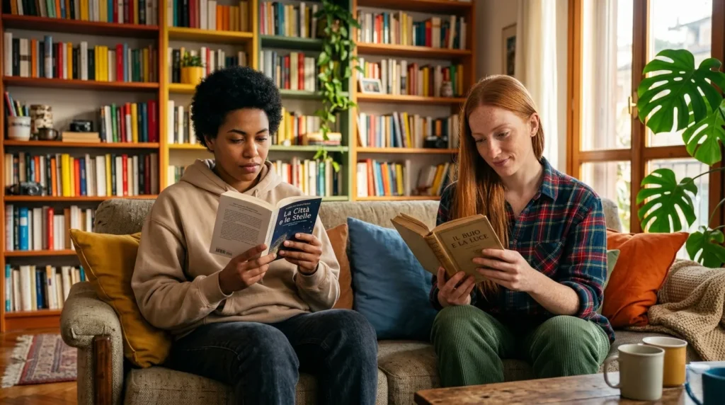 recommended lgbtq books on a colorful bookshelf with rainbow flag