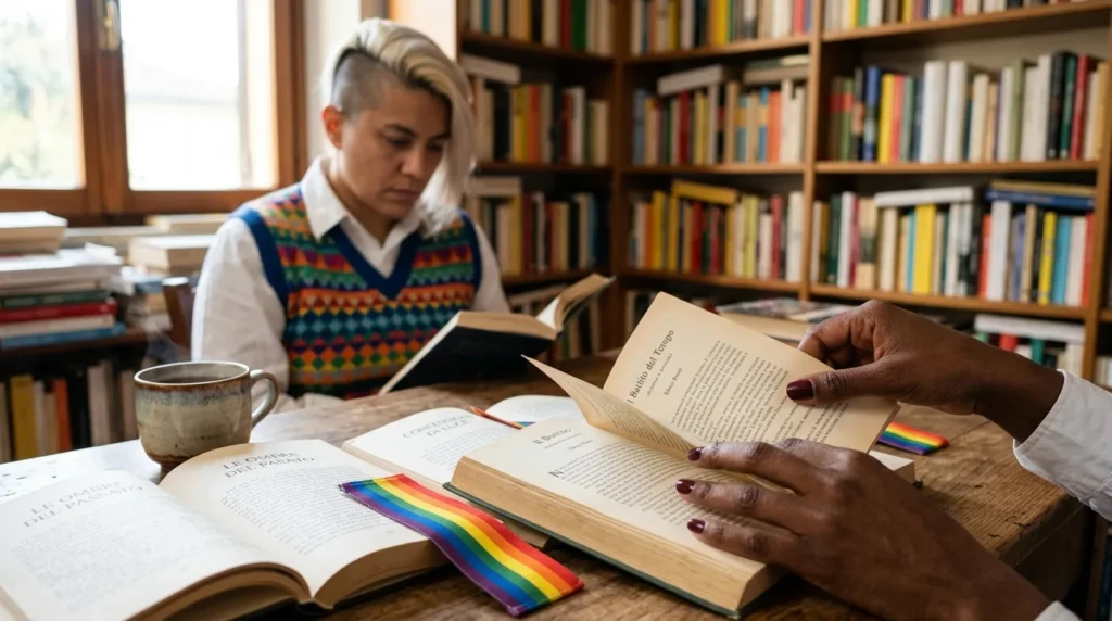 lgbtq novels open on a table with tea cup and colorful bookmarks