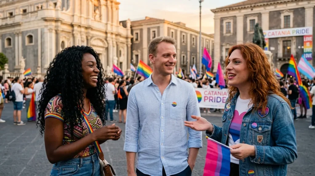 diverse lgbtq+ people meeting and laughing together at pride 2026