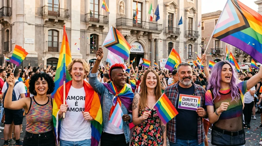 pride italy 2026 colorful crowd with rainbow flags in italian square