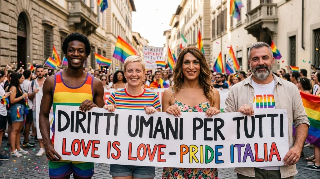 pride 2026 lgbtq+ people marching in italian street with colorful banners