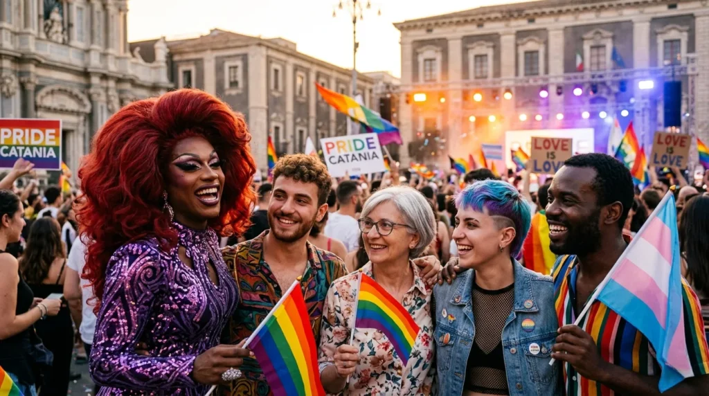 onda pride 2026 italian square evening colorful lights lgbtq+ people celebrating