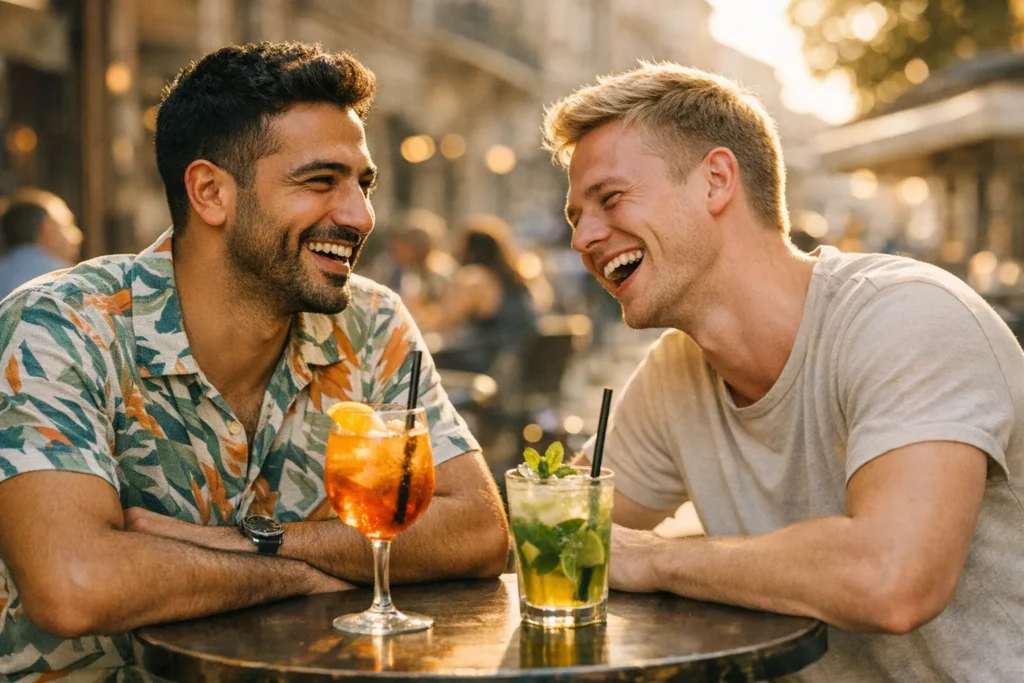 unforgettable gay first date — two men laughing during aperitivo