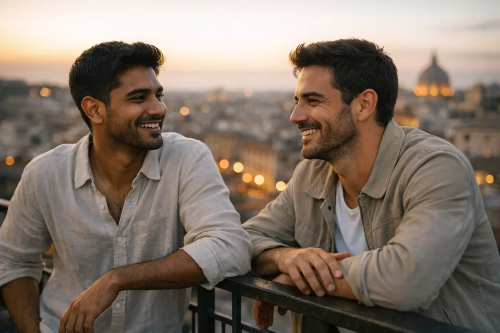 gay first date — two smiling men in front of an urban skyline at sunset