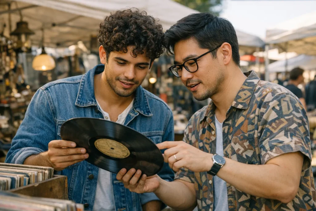 original gay date ideas — Latin American and Asian man at a vintage market