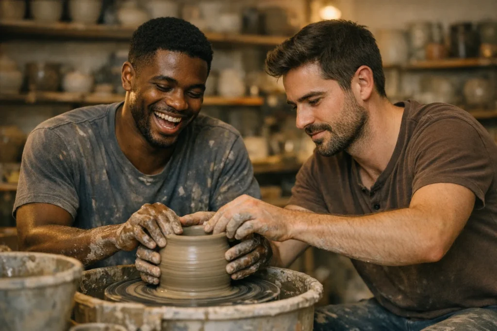 creative romantic gay date — couple in pottery class with hands on clay