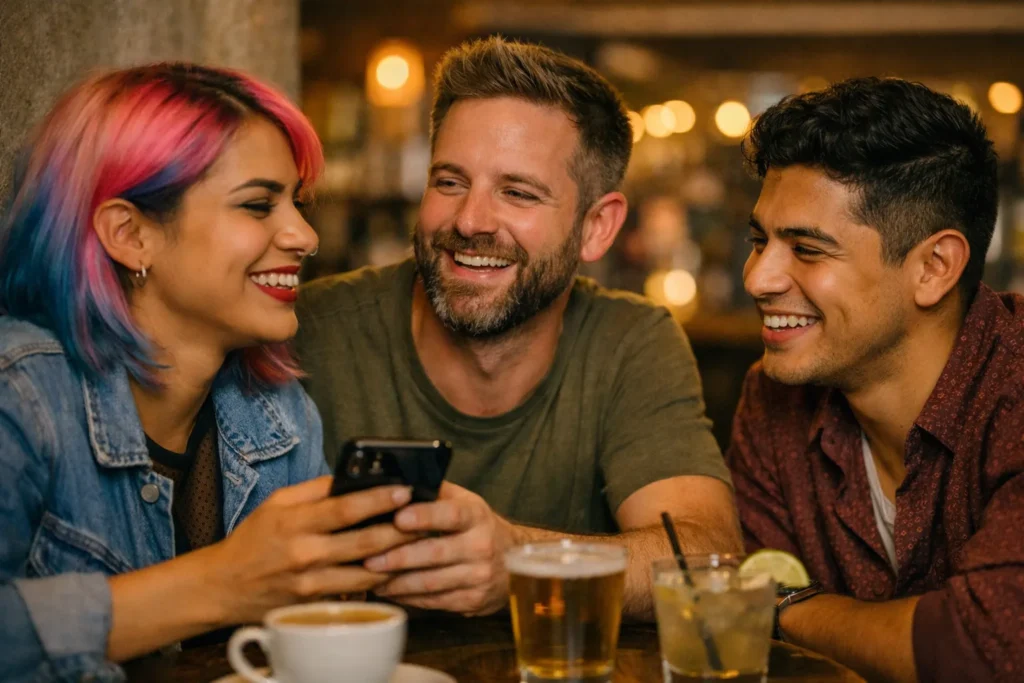 LGBTQ community connection – diverse people meeting and smiling in a social setting