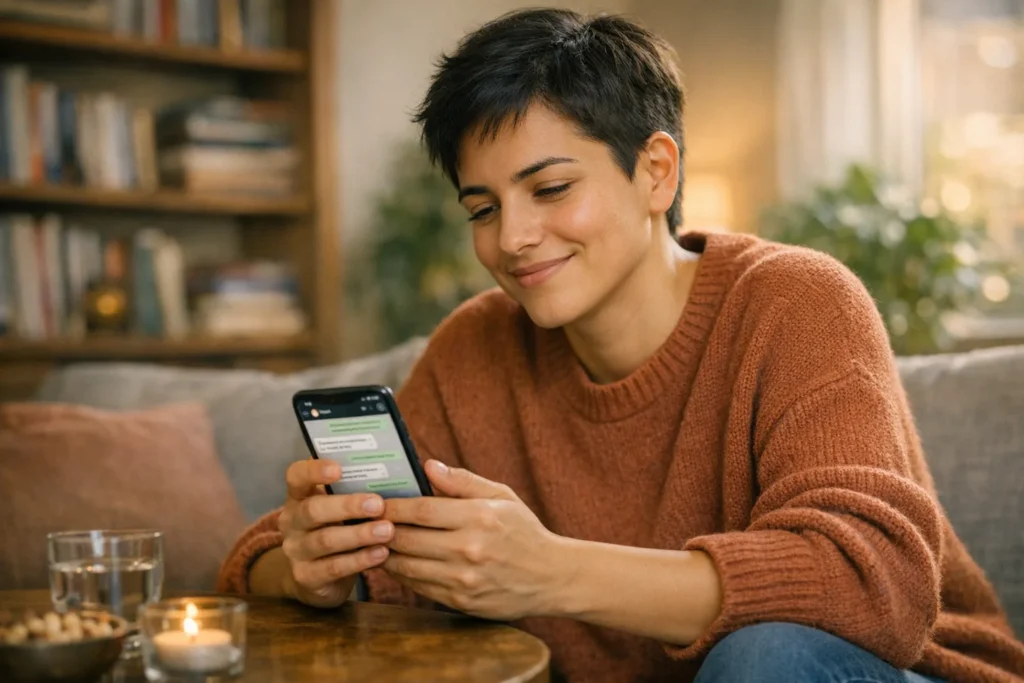 first message gay app – person holding smartphone writing a chat on warm background