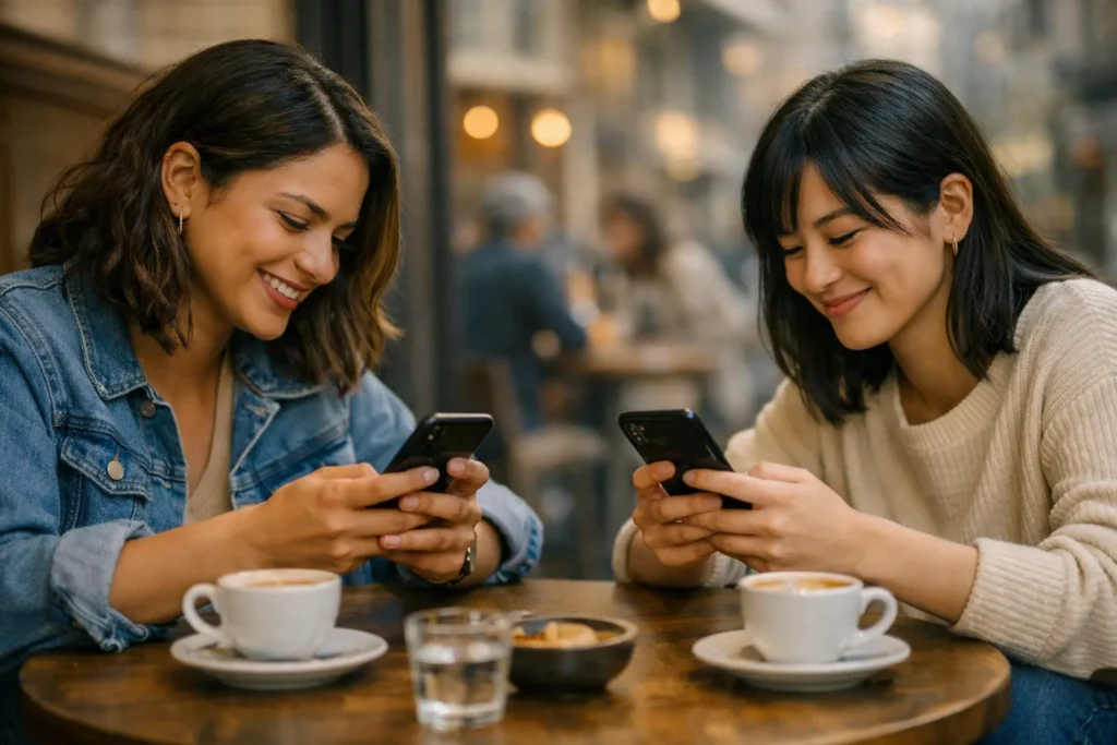 first message gay app – two people smiling at their phones reading messages