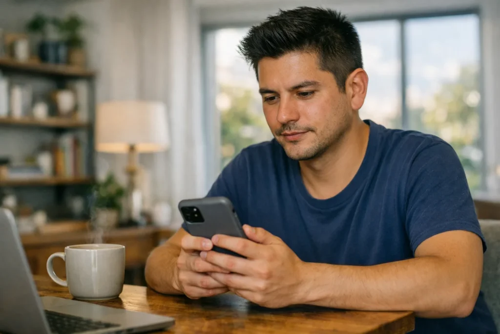Dating app privacy - gay man checking security settings on smartphone