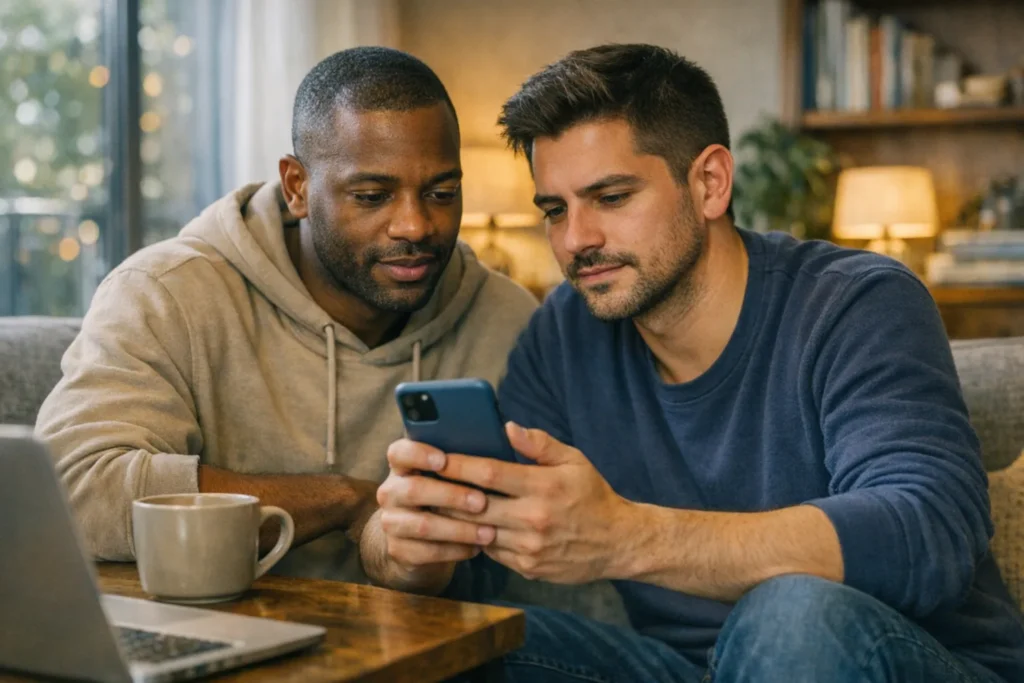 Dating app safety: Gay couple discussing smartphone privacy settings