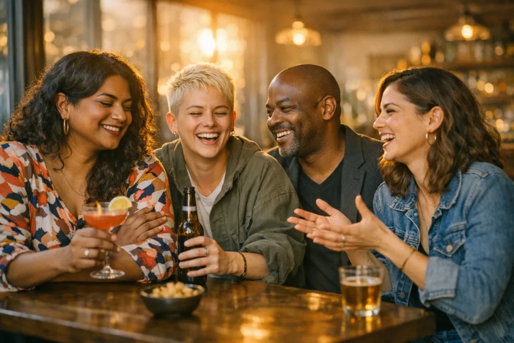 Healthy new connections in the LGBTQ+ community: group of queer friends laughing together in an inclusive bar