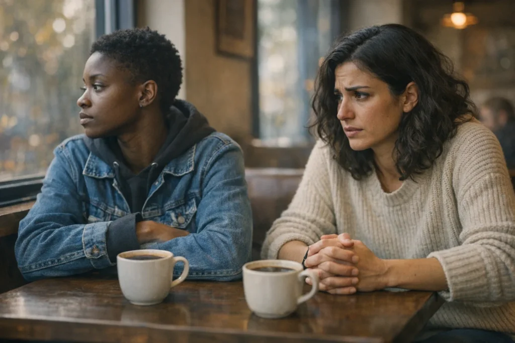Red flags in LGBTQ+ relationships: queer couple in tension, warning signs in a relationship