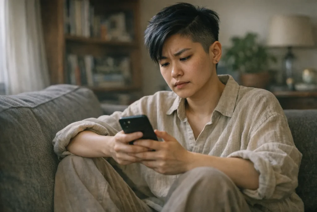 Warning signs in a queer relationship: non-binary person with worried expression looking at phone