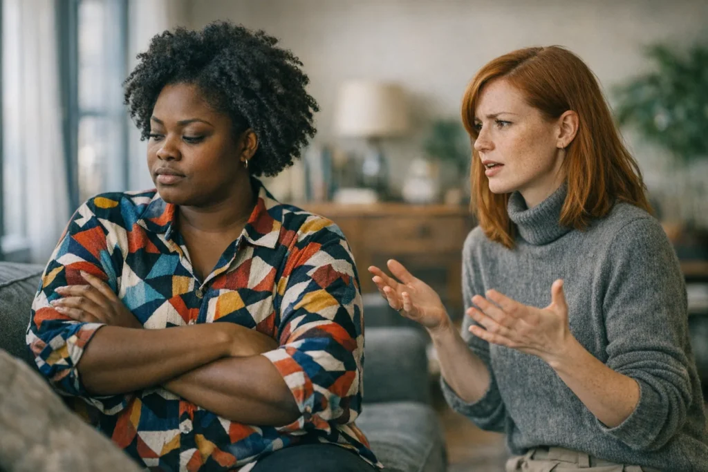 Toxic behaviors in LGBTQ+ relationships: two people of different body types and ethnic backgrounds in a heated discussion