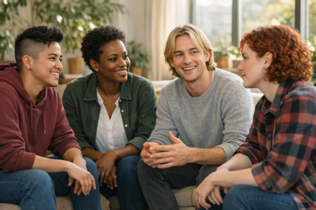 LGBTQ+ mental health – diverse group of people in a support circle