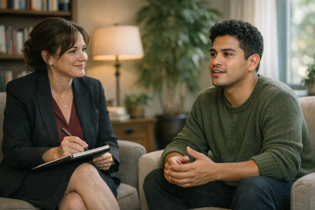 LGBTQ+ person in therapy session with an established psychologist