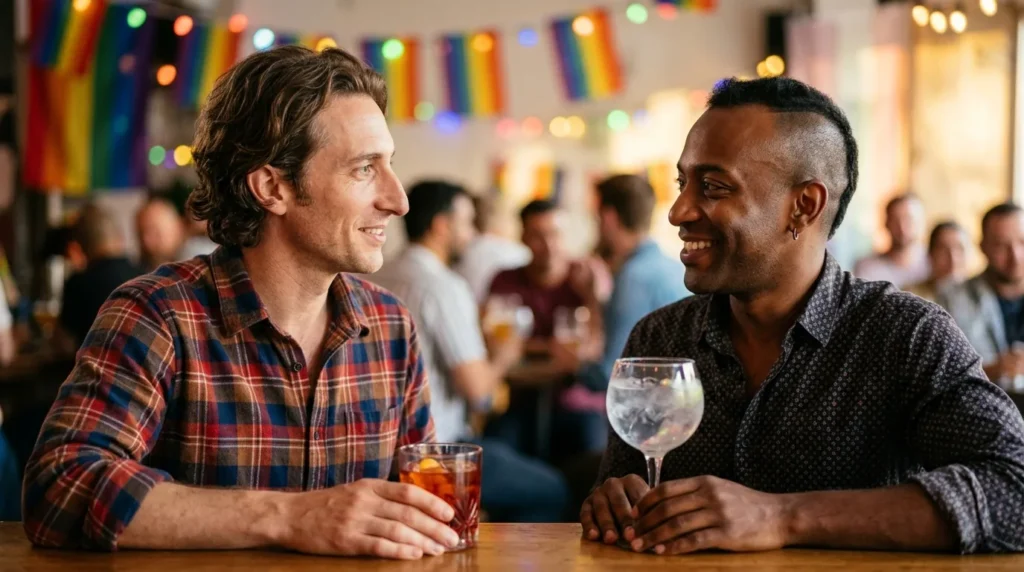 gay dating safety — smiling gay couple at an inclusive venue