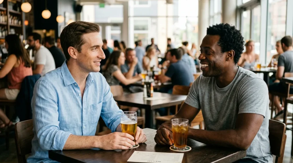 gay dating safety — two men meeting at a busy public bar