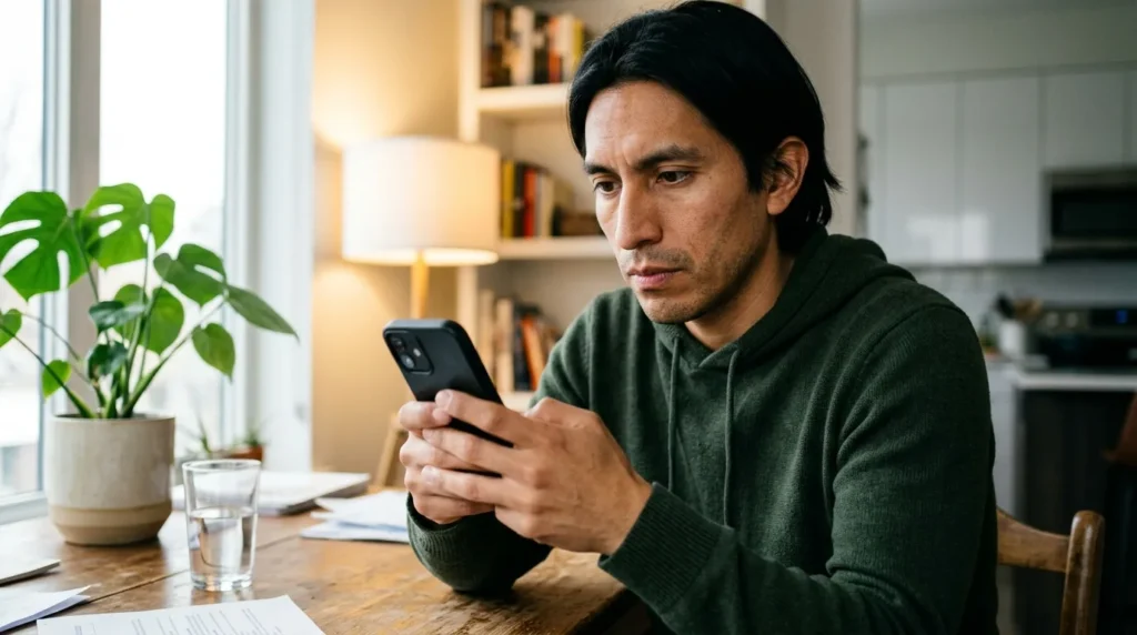 gay online dating safety — man checking someone's profile on smartphone