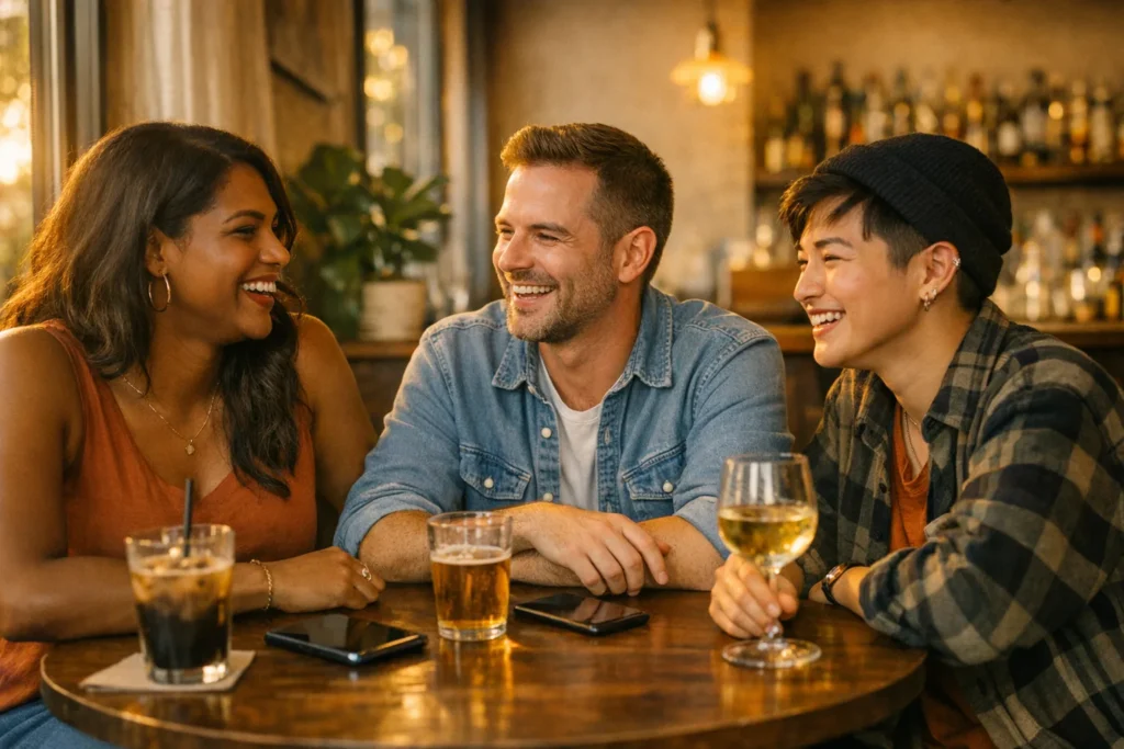 coming out community stories – queer people of diverse ages and backgrounds smiling in an inclusive social space