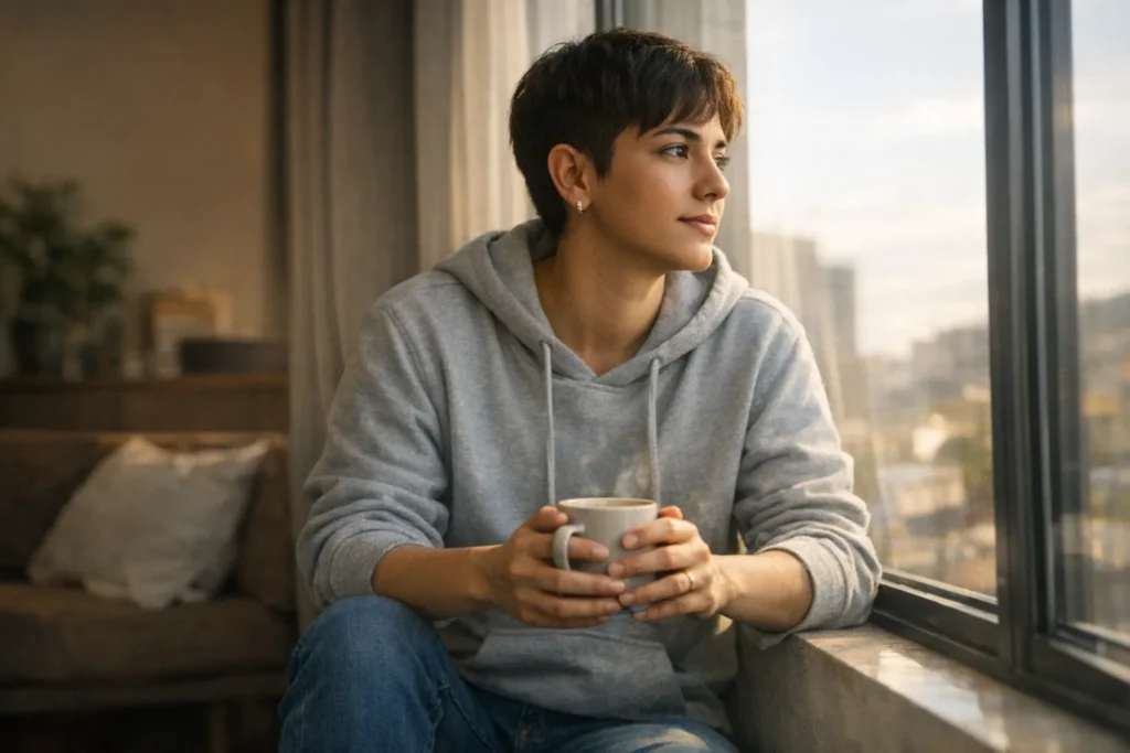 coming out stories – trans person in an authentic moment of reflection in a bright home environment