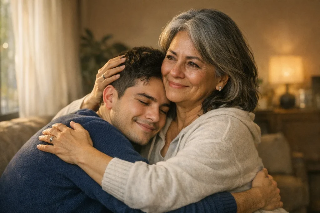coming out family stories – parent and adult child embracing with genuine emotional expressions
